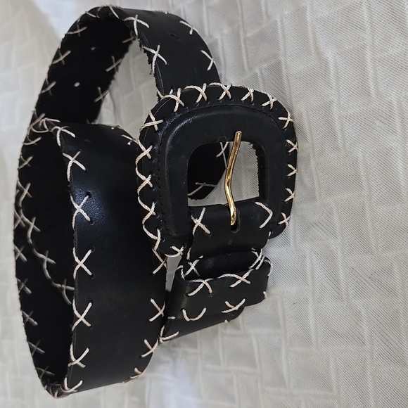 Express Black Genuine Leather Belt with Off White Cross Stitching Size M - Picture 1 of 7